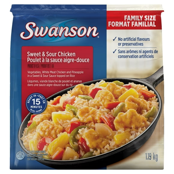 Swanson Sweet & Sour Chicken: frozen meal with vegetables, chicken and pineapple in a sweet and sour sauce topped on rice, 1.19 kg