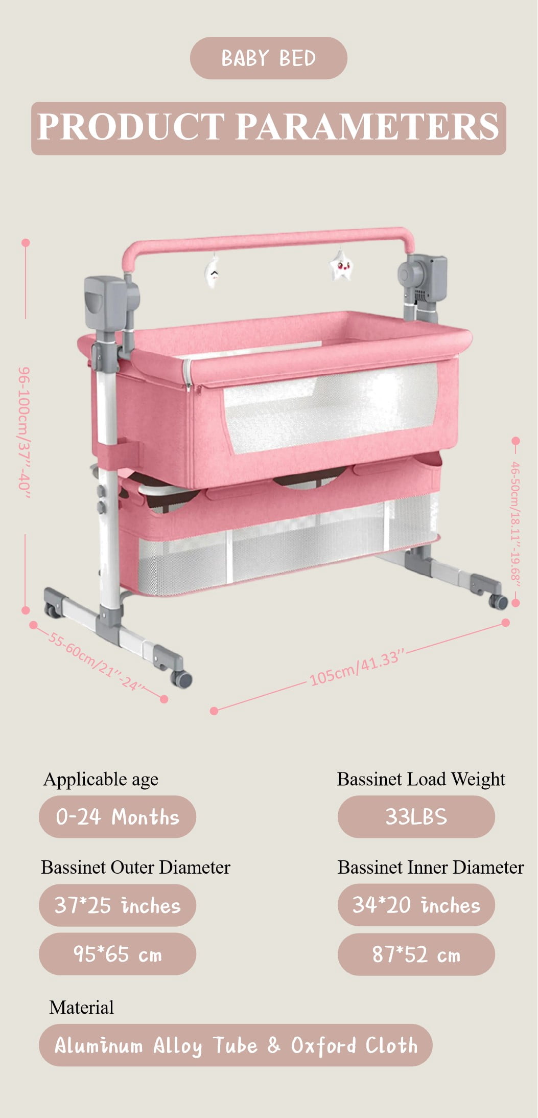 Sunny Babe Infant Bassinet Bedside Sleeper,Folding Baby Crib with Remote Control,Bluetooth Music,for Babies to Toddlers,Gray