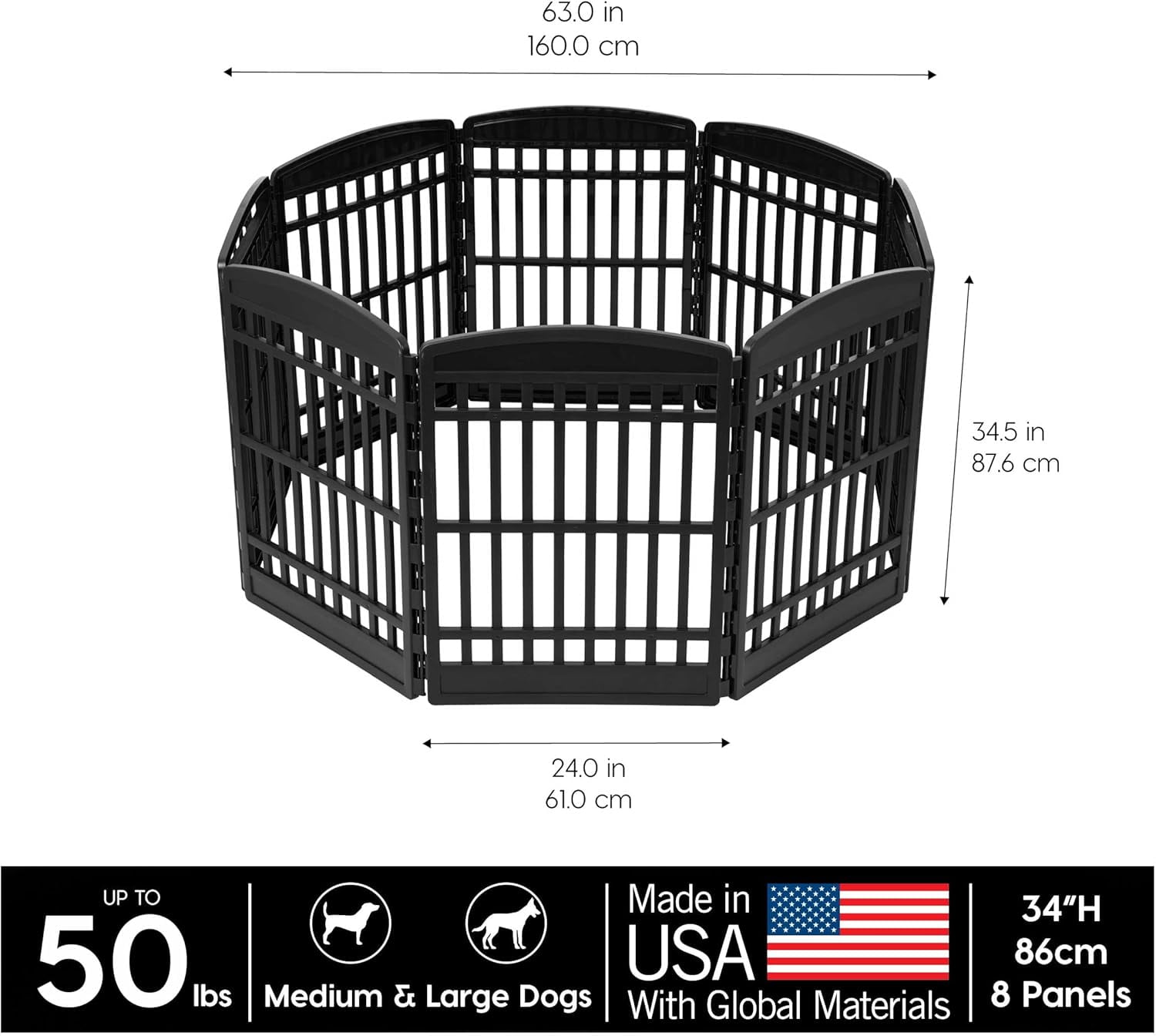 IRIS 34" Exercise 8-Panel Pet Playpen, Dog Playpen, for Medium and Large Dogs, Easy Assemble, Fold It Down