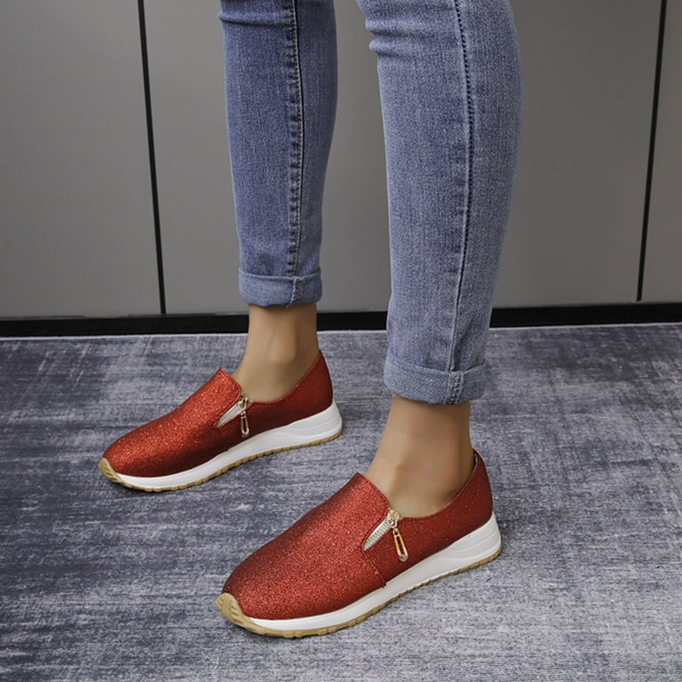nsendm Female Shoes Adult Women's Casual Shoes Leather Shoes Flat Bottom  Non Slip Round Toe Lightweight Slip On Side Womens Leather Shoes Casual Red  9