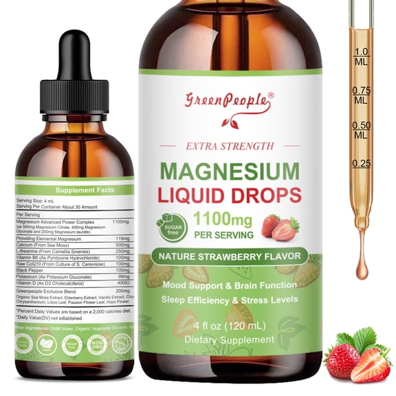 Magnesium Liquid Drops 1100mg | Magnesium Complex with L-Theanine & CoQ10 | Strawberry Flavor | 4 fl oz