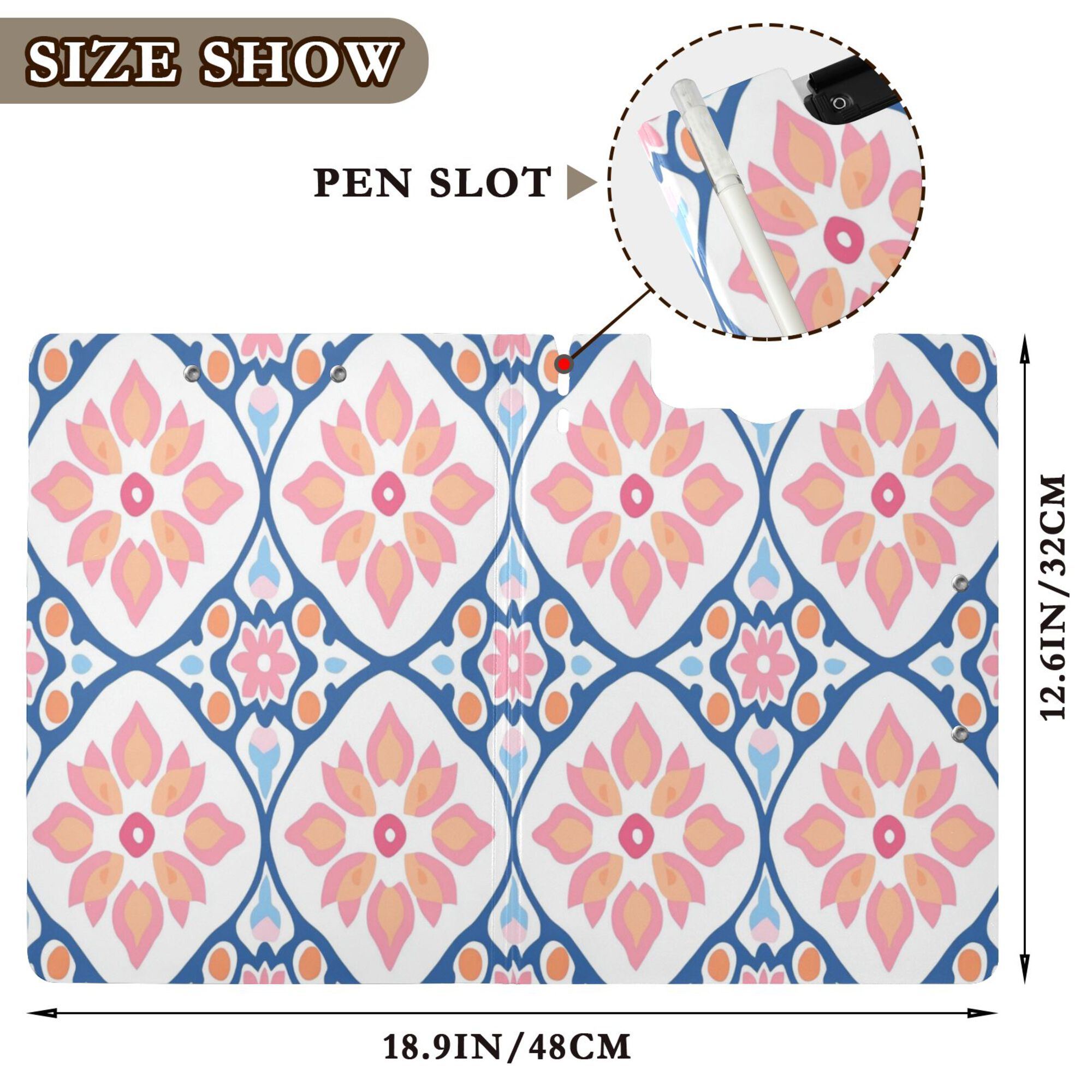 FORMRS A4 Clipboard Folder with Pen Holder Horizontal Foldable School Office Binder, Mosaic Flowers Pattern