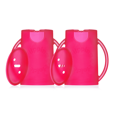 Squeeze Proof Flipping Holder DELUXE with lid 2-Pack for Food Pouches & Juice Boxes (Pink x 2) - Multipurpose Design with Cover - Prevent Messes & Support Self-Feeding - Handles