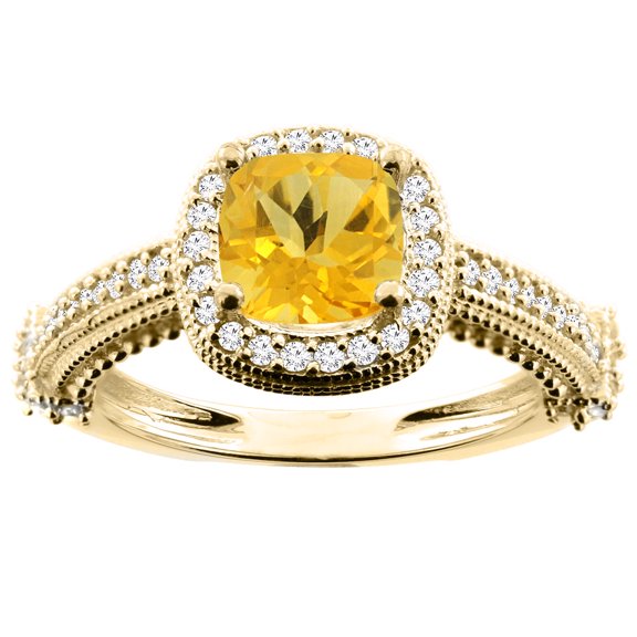 14K Yellow Gold Natural Citrine Ring Cushion 7x7mm Diamond Accent 7/16 inch wide, size 8