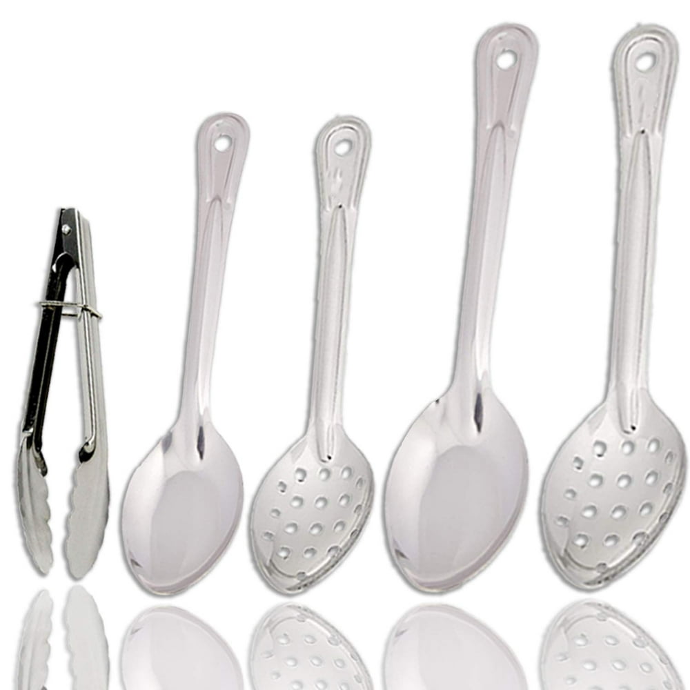Serving Basting Spoons and Tongs Heavy Gauge Stainless Steel, Set of 5