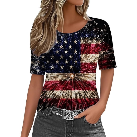 MEICHEN Womens Graphic Tees 4Th of July Round Neck American Flag Short Sleeve Independence Summer Shirt Summer 250th Anniversary Tops