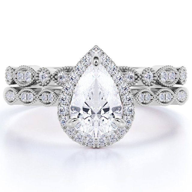 JeenMata Anillo Nupcial de Moissanita de Corte Pera de 1,5 Quilates Engastado en Oro Blanco de 18 K sobre Plata, Anillo Clásico