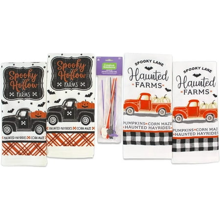 

Halloween Kitchen Dish Towel Set: Spooky Hollow Haunted Black and Spooky Lane Orange Trucks with Plaid Border