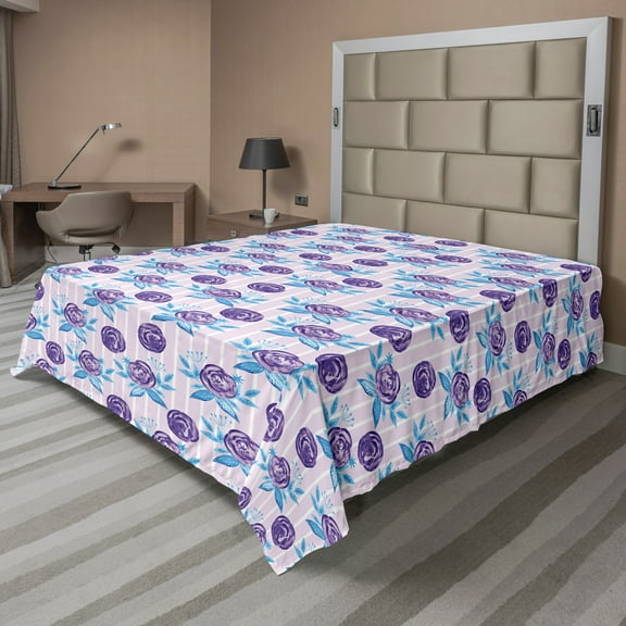 Ambesonne Floral Flat Sheet, Abstract Roses on Stripes, Full Size, Pale Pink Sky Blue