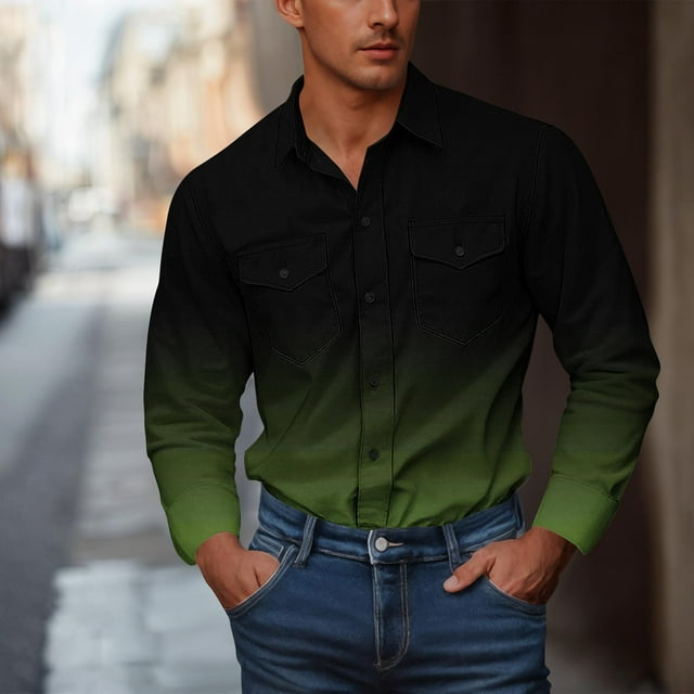 Styesk Chemises pour Hommes Hommes Décontracté Mode Bouton Double Poches Imprimé Dégradé Manches Longues Col Rabattu Chemise de Travail
