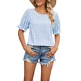 thumbnail image 1 of Mujer Cuello Redondo Manga Volantes Top Estampado Floral Camisa Suelta De Manga Corta Jersey Top Azul S, 1 of 8