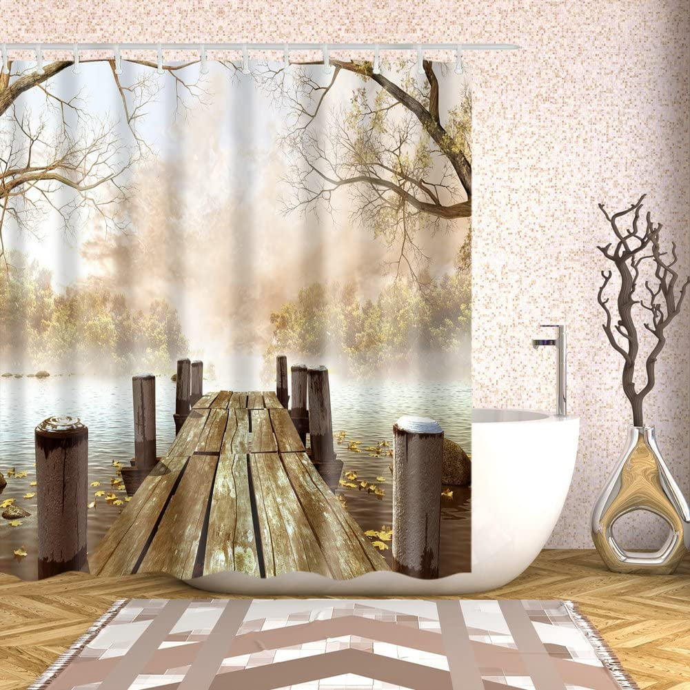 5.9x5.9ft Rustic Cloth Shower Curtain, Fall Foggy Trees Wooden Bridge