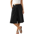 thumbnail image 5 of Women's Linen Capri Pants Flowy Wide Leg Drawstring Culottes Summer Pleated Loose Elastic Waist Pants with Pockets, S, 5 of 9