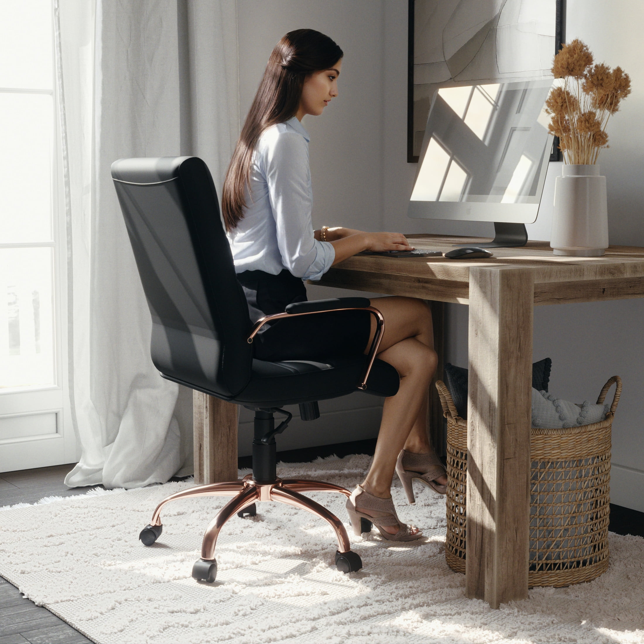 Flash Furniture Whitney Mid-Back Swivel LeatherSoft Desk Chair with Armrests, Black/Rose Gold