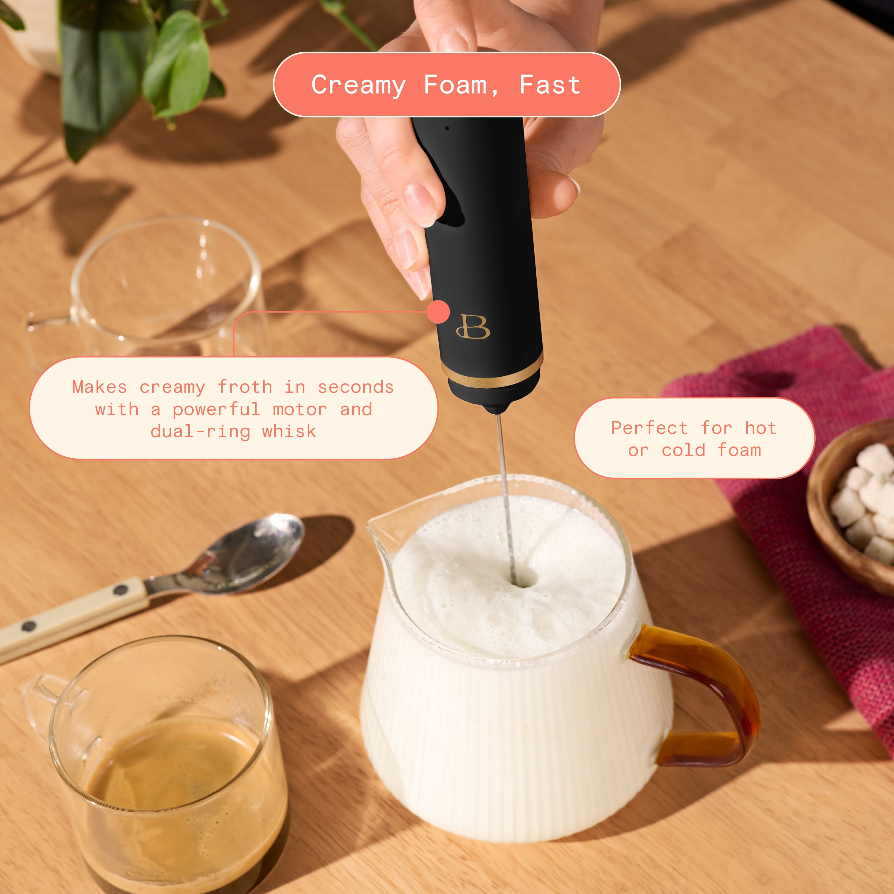 Beautiful Handheld Rechargeable Milk Frother, Black Sesame by Drew Barrymore