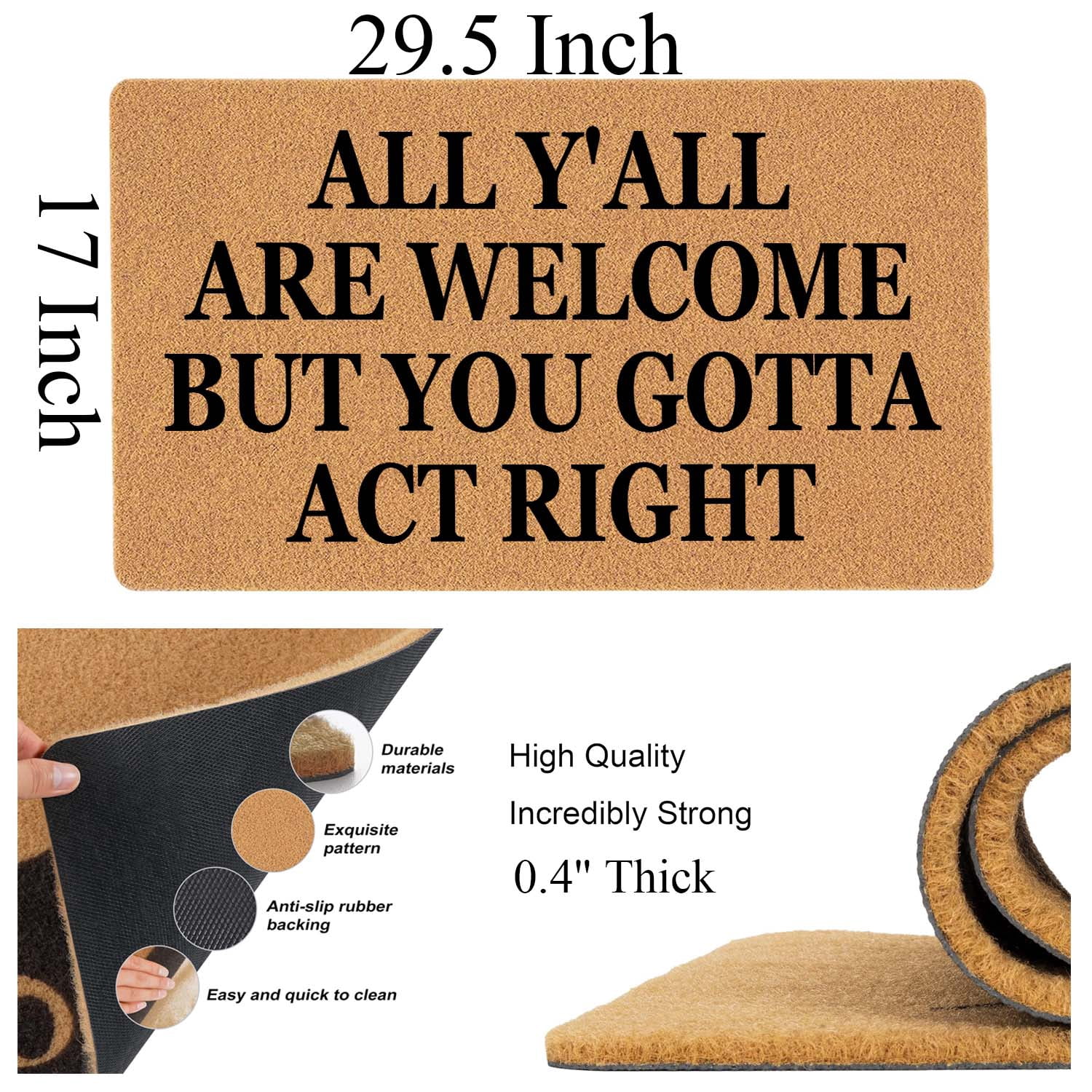 Funny Doormat Front Door Mat Entryway Outdoor Mat with Heavy Duty Front Porch Welcome Mats Entry Brown Mat House Warming Gift Mat 29.5 x 17 inch (All Y'all are Welcome)