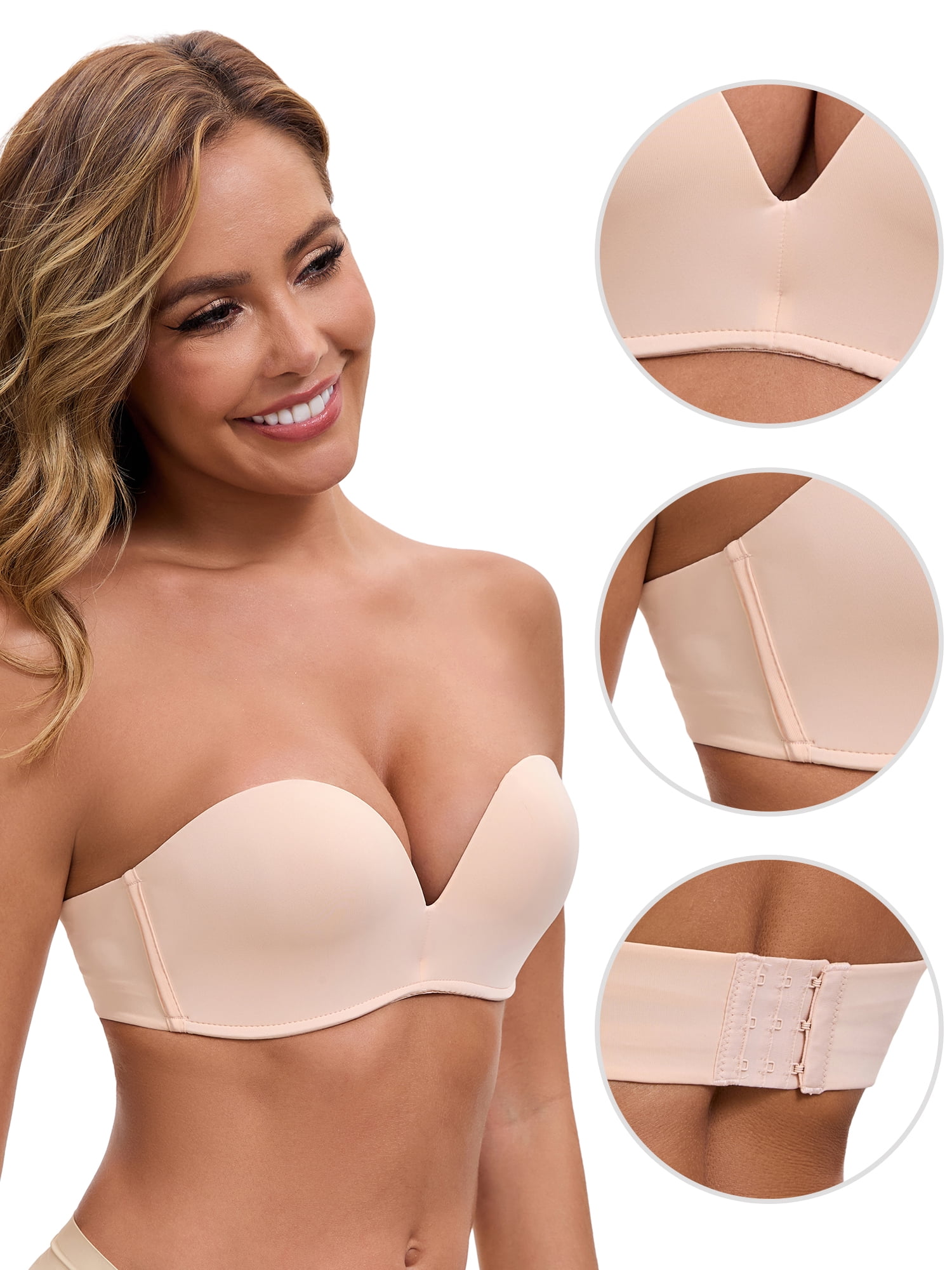 DARING DIVA Women's Deep V Strapless Wireless Demi Bandeau Lace Top Push-Up Bra 38C Beige