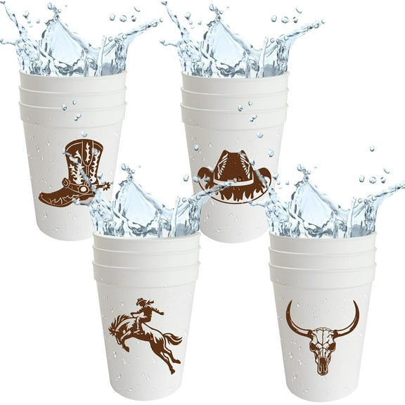 12Pcs Cowboy Birthday Plastic Cups - Western Themed Party Cups - Drinking Cups for Wild West Bachelorette Theme Brown 12oz