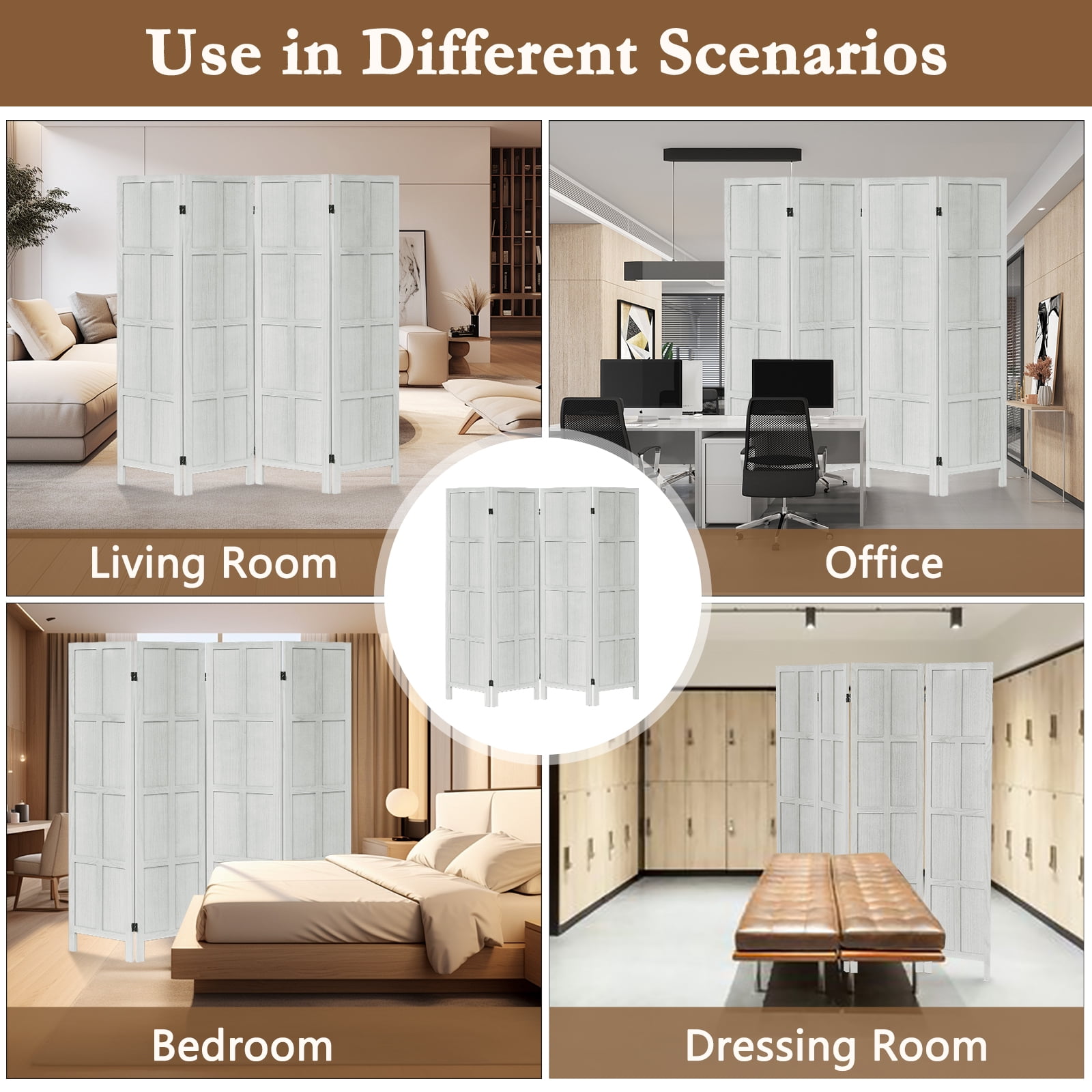 Aletheiawu 4 Panel Room Divider Wall and Folding Privacy Screens，No Installation Required，White