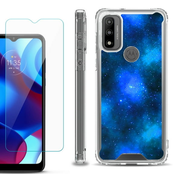 Shockproof Bumper Phone Case for Motorola Moto G Pure, with Tempered Glass Screen Protector, by OneToughShield ® - Cosmos/Stars