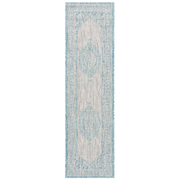 SAFAVIEH Courtyard Avi Medallion Indoor/Outdoor Runner Rug, Light Grey/Aqua, 2'3" x 12'