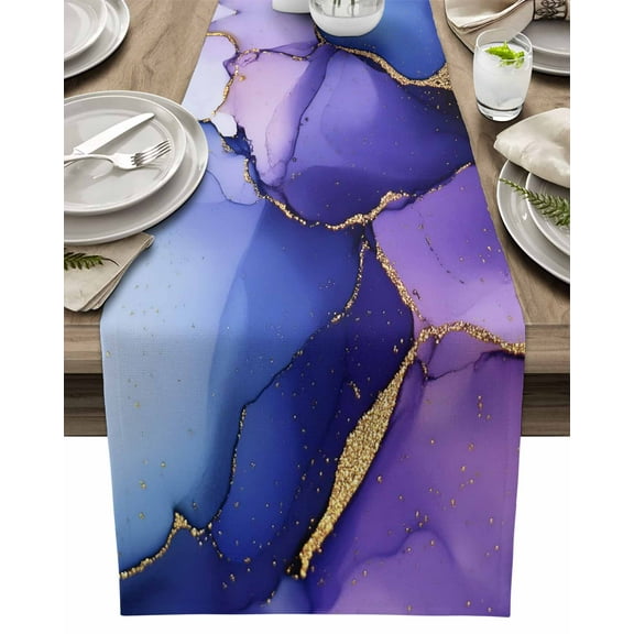 Table Runner Ombre Purple Blue Painting Table Decoration for Kitchen Dinning Gold Marble Texture Table Decoration for Indoor Outdoor Party Wedding Decor 13x90inch