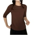 thumbnail image 2 of LYEAA Ladies 3/4 Length Sleeve V-Neck Tops Comfortable Cotton Casual Solid Color T-Shirt Elastic Loungewear Basic Tee for Daily Lounge Brown XL, 2 of 3