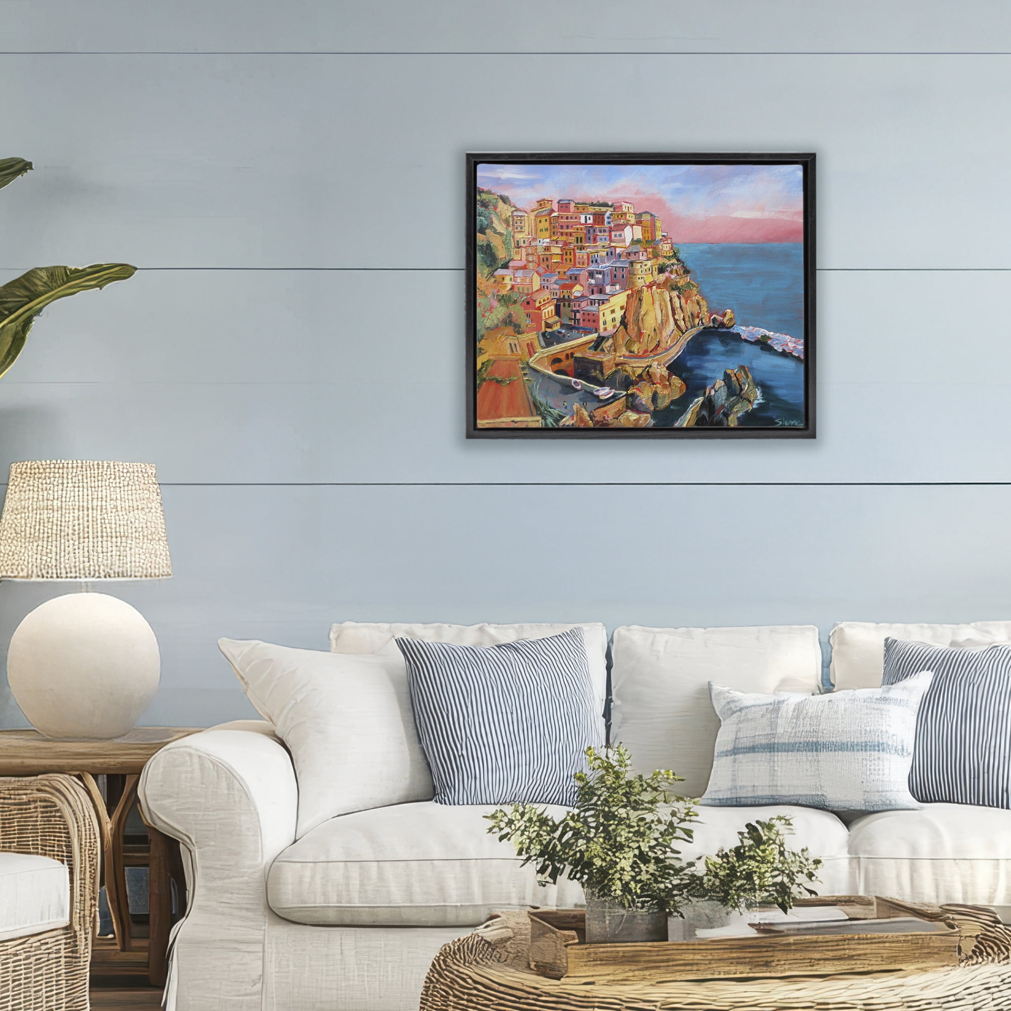 Stupell Industries Cinque Terre Seascape Architecture Black Framed Floater Canvas Wall Art, design by Maxine Shore
