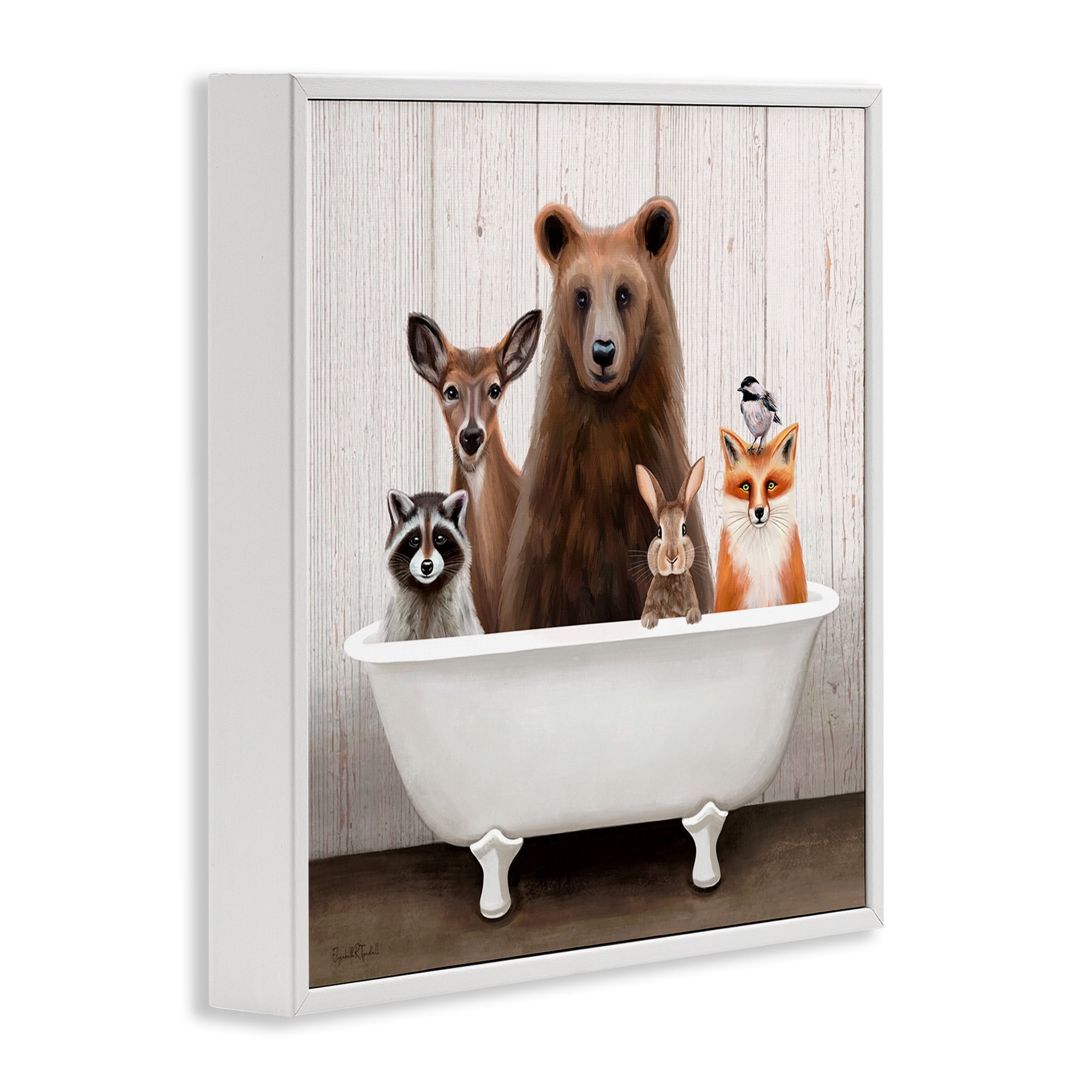 Woodland Creatures Antique Bathtub White Framed Giclee Art, 17 x 17