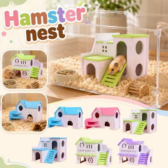 Wooden Hamster Hideout House, Duplex Villa Design Labyrinth for Small Animals, Multi-Level Cage Decor for Gerbils & Mice, Natural Sleeping Hut, Valentines Day Gift, 1Pack A