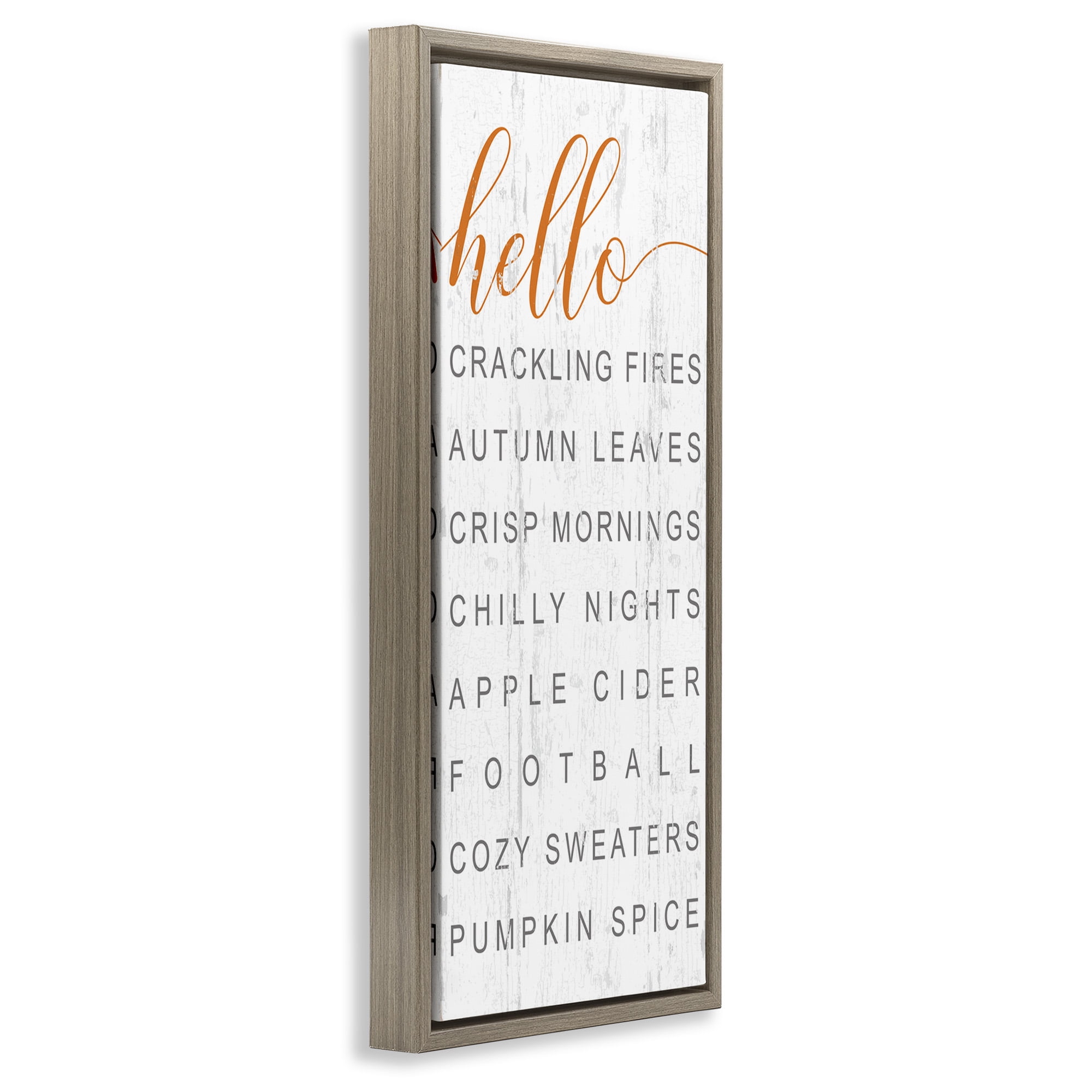 Stupell Industries Hello Fall Favorites Phrases Typography Painting Brown Floater Framed Canvas Art Print Wall Art, 15 x 31