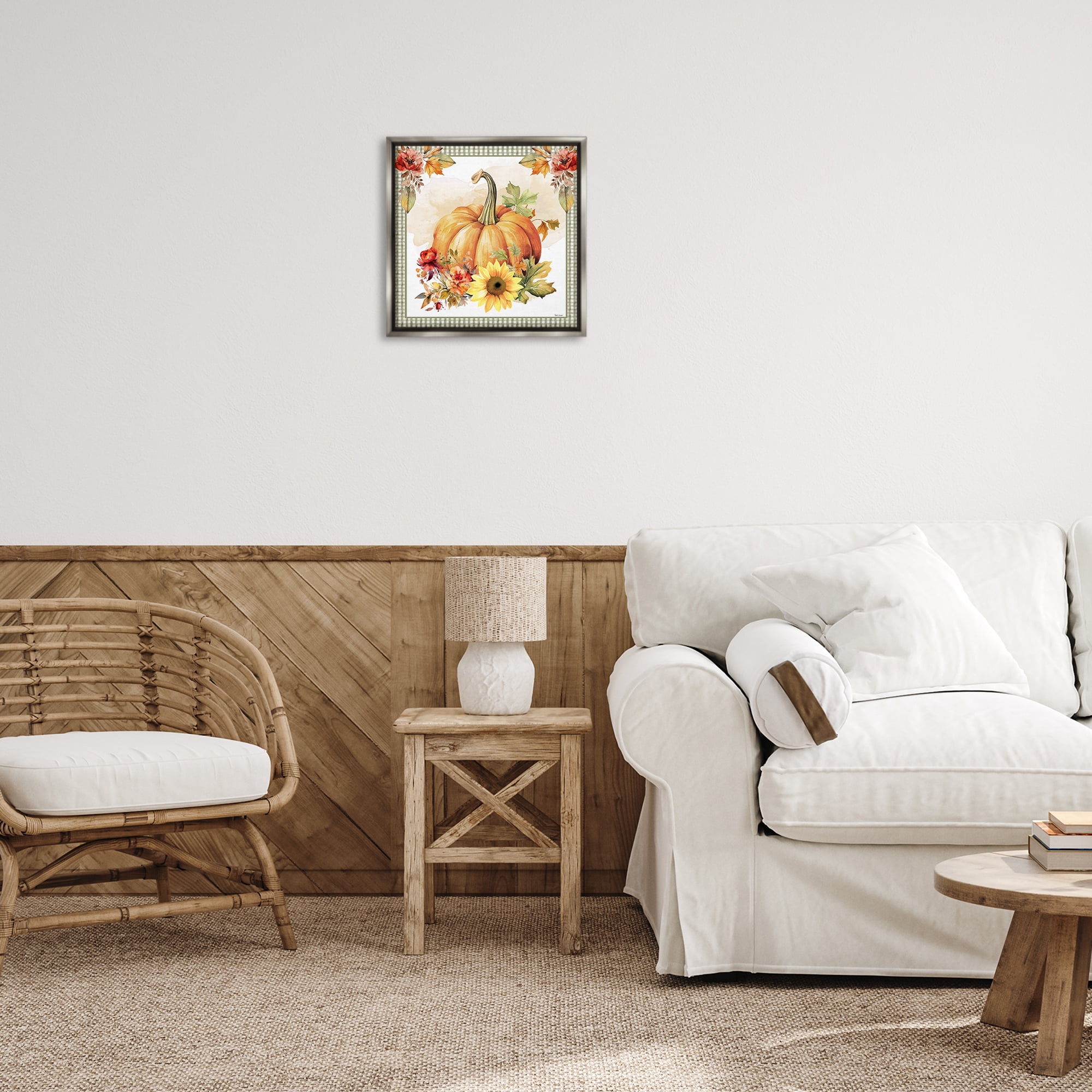 Stupell Industries Gingham Bordered Pumpkin Botanical & Floral Painting Gray Floater Framed Canvas Art Prints Wall Art, 18 x 18