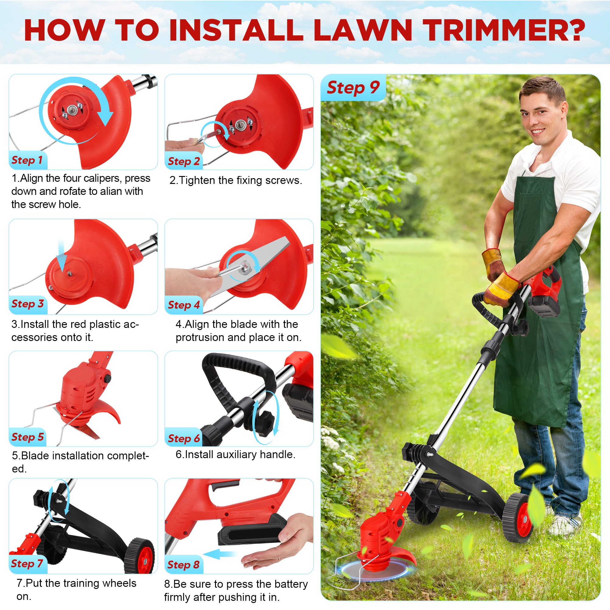 RELOIVE Weed Eater,Cordless Weed Trimmer,Electric Weed Wacker, with 2PCS 4000mAh Batteries and Charger, 6-in-1 String Trimmer with Wheels, 43.3''-53.1'' Adjustable for Garden Yard