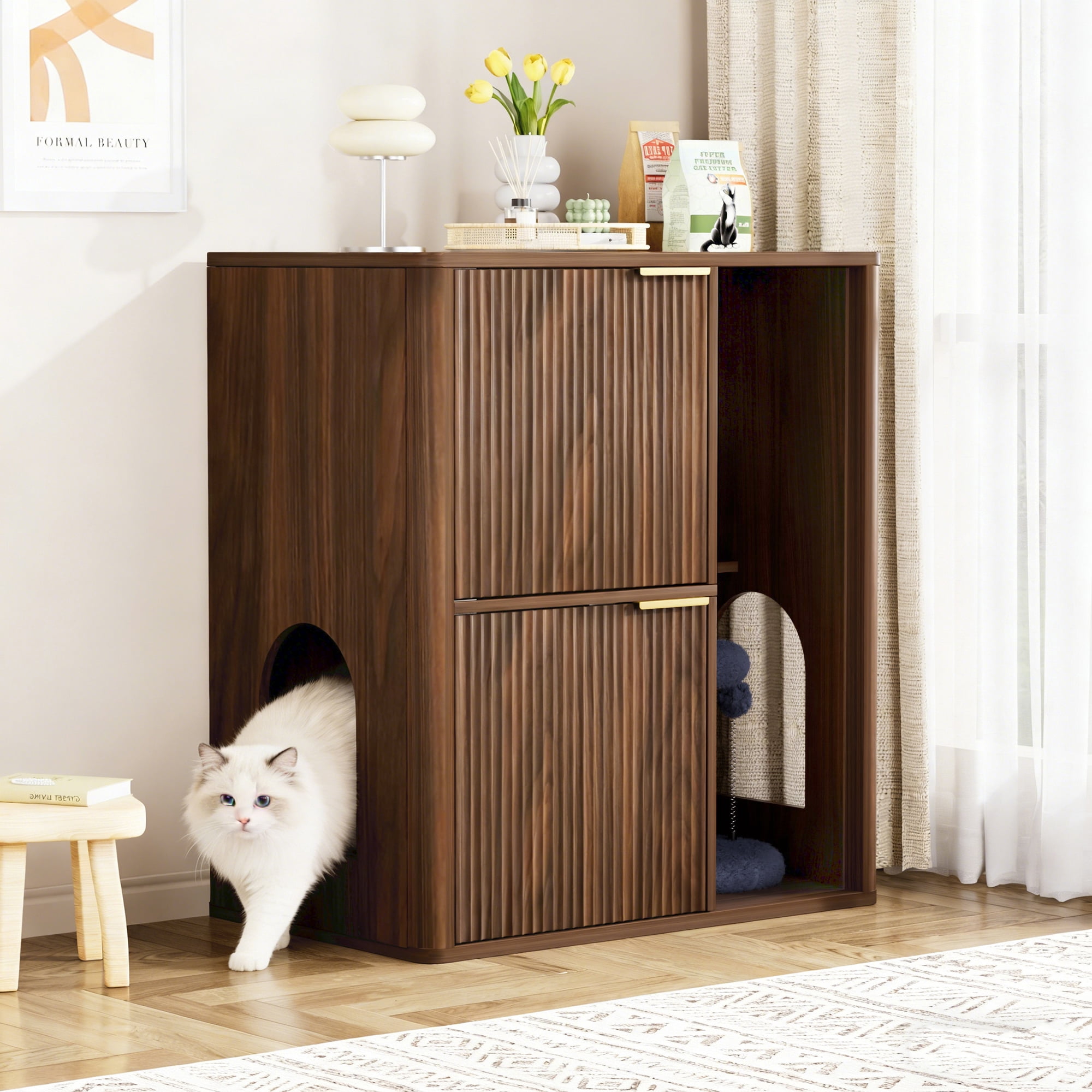 31.5-inch Walnut Cat Litter Cabinet with Cat Tree, Grooved Concealed Litter Furniture Featuring Dual Cat Doors and Storage Shelves, Versatile Pet Cabinet for Living Rooms or Bedrooms