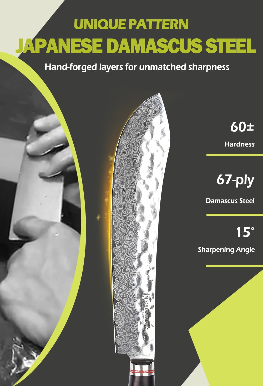 YOUSUNLONG 10 Inch Bull Nose Pro Butcher Knife, Japanese 67 Layers Hammered Damascus Steel