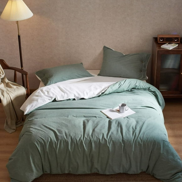 MILDLY 100% Washed Cotton White and Green Reversible Duvet Cover Set King Size Casual Design Soft Bedding Set 2 Pillow Cases + 1 Duvet Cover with Zipper & Corner Ties