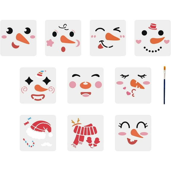 Colorful 10pcs Snowman Face Stencils 6×6inch Christmas Stencils with Paint Brush Face Hat Scarf Pattern Stencils Reusable Snowman Stencil for Wood Wall Paper Fabric