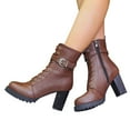 thumbnail image 2 of Womens Ankle Boots Solid Leather Plus Size Side Zipper Belt Buckle High Heel Platform Ankle Boots Booties Women Brown 37, 2 of 6