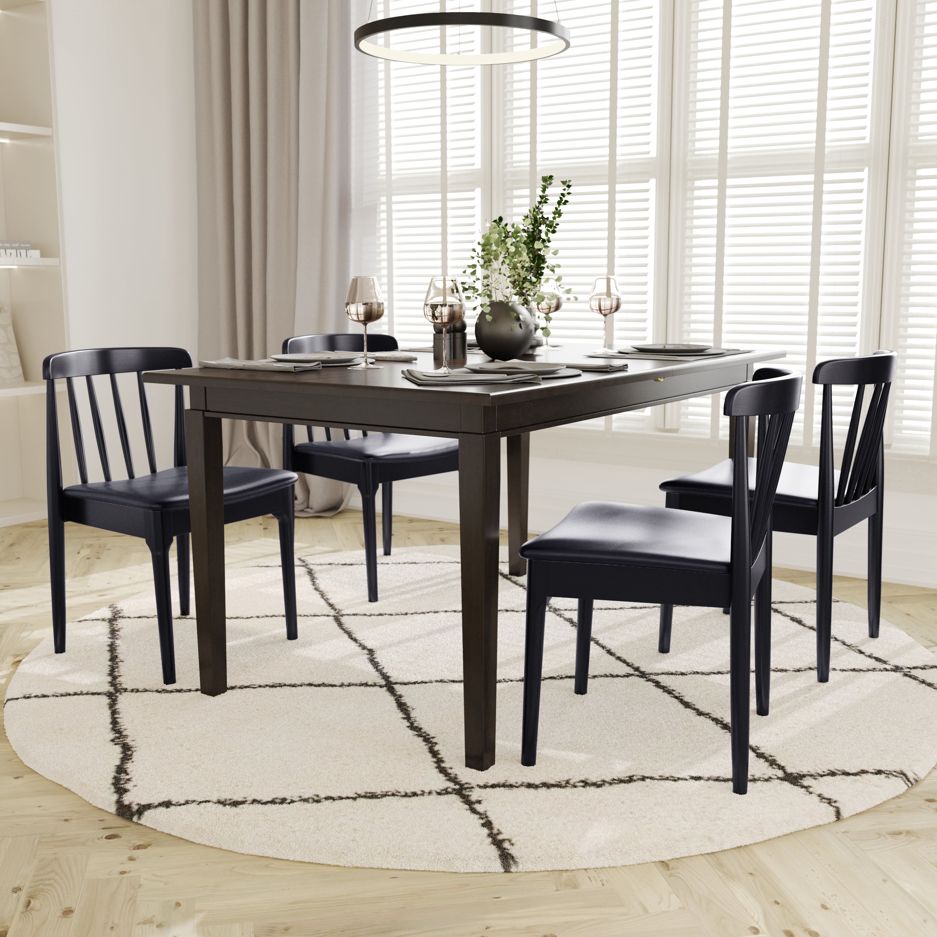 Emma + Oliver Set of 2 Solid Wood Dining Chairs with Spindle Backrests and Vinyl Seats, Black/Black