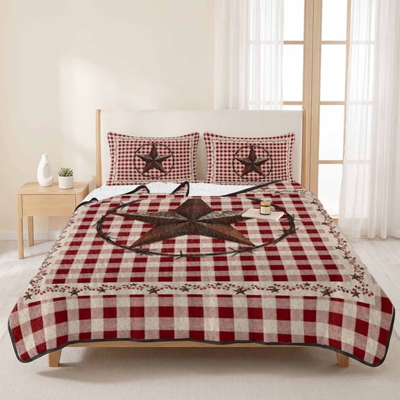 3 Pieces Queen Quilt Set,Western Country Stars Soft Bedding Sets with 1 Quilt & 2 Pillow Shams,Vintage Red Buffalo Plaid Summer Bedspread Lightweight Coverlet Comforter for All Season