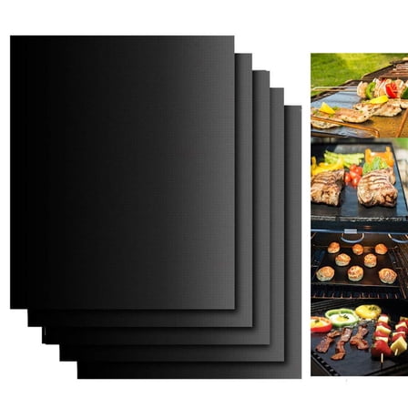Grill Mats for BBQ, Non Stick Set of 5 Reble Teflon Grilling Mats for Gas Charcoal Electric Grill, Baking Cooking Accessories 15.75 x 13 Inch, Black