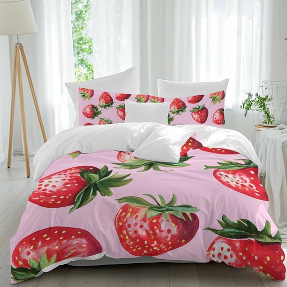 3 Piece Red Strawberry Duvet Cover Set California King, Microfiber Comforter/Quilt Cover with Corner Ties and 2 Pillowcases, Pink Watercolor Modern Art All Season Soft Bedding with Zipper Closure