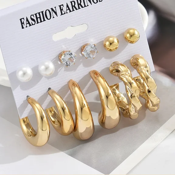 6Pcs Vintage Classic Geometry Glossy Ccb Gold Plated C Shape Hoop Earrings Set for Women Waterdrop Earing Fashion Jewelry