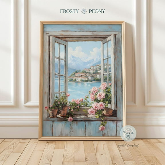 Timeless Floral Italian Window Scene Art Print, Coastal Italian Landscape Wall Art, Serene Window View Art, Wall Art, Modern Wall Decor, 8x12 UNFRAMED