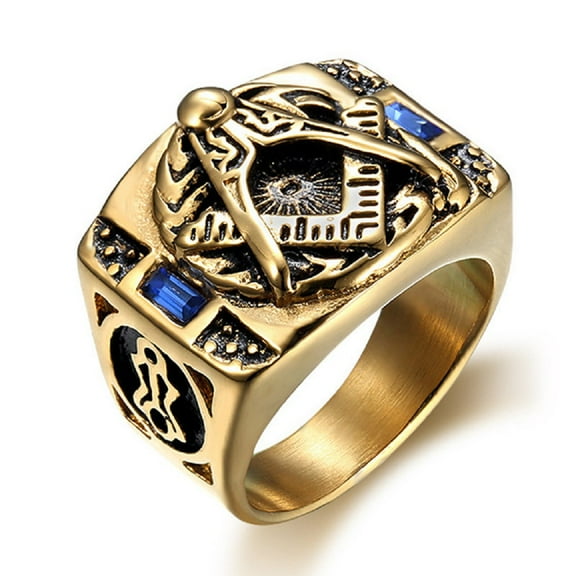 Fachoice Blue Stone Freemason Ring for Men Gold Punk Masonic Symbol Ring, Masonic Compass Biker Ring Blue CZ Masonic Ring