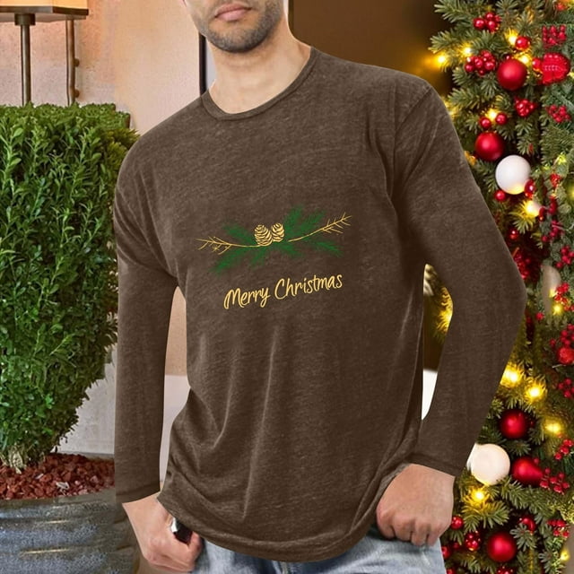 Blusas y camisas de manga larga con cuello redondo para hombre, deportivas, fitness, hogar, pijamas navideños estampados, camiseta de manga larga con cuello redondo, blusa de poliéster para hombre