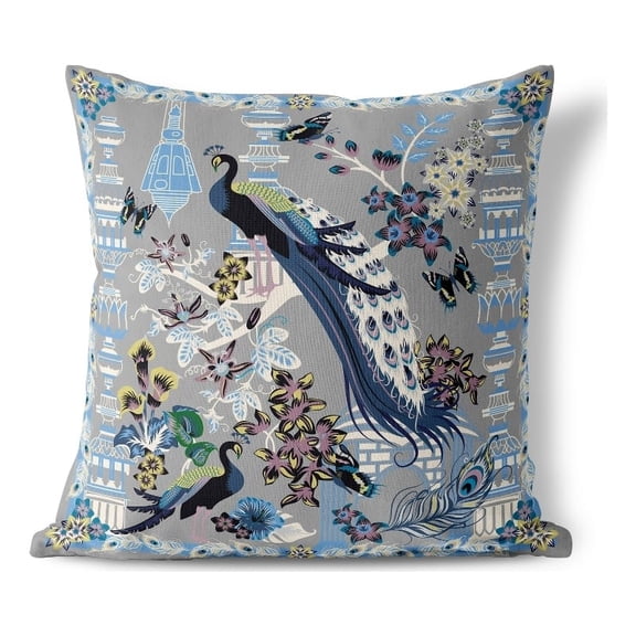 Peacock Paradise Indoor/Outdoor Broadcloth Fabric Pillow in Gray 16x16