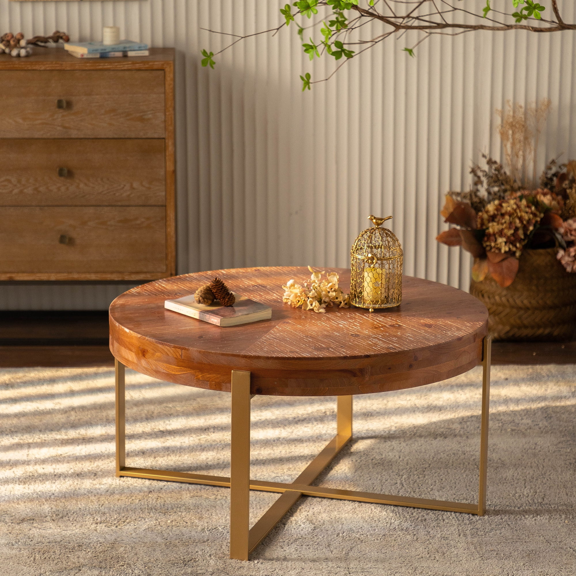 Shunda K Storage Round Fir Wood Coffee table, Gold