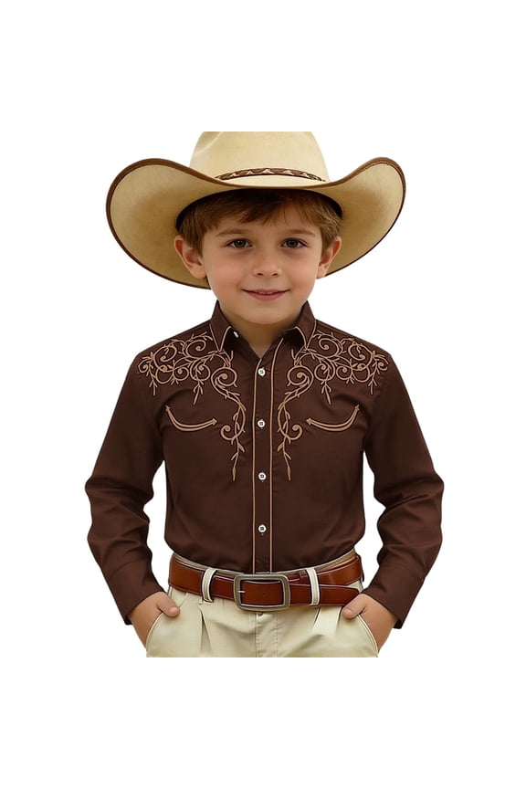 Toddler Boys T Shirt Western Embroidered Floral Pattern Long Sleeve Button-Down Cow Boy Shirt,Coffee