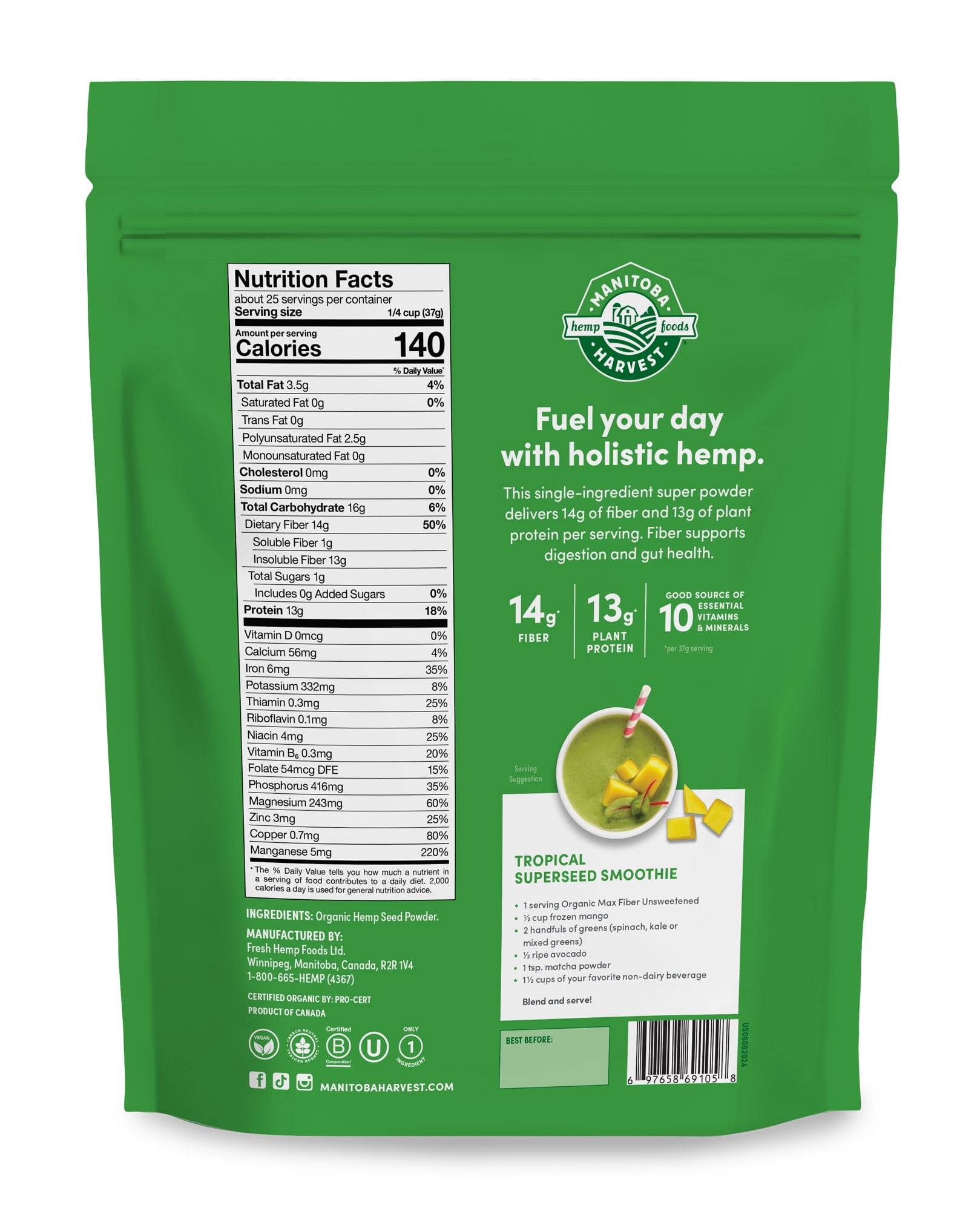Manitoba Harvest Max Fiber Organic Protein Powder, Hemp Protein Powder Unsweetened, 32 oz, 2 lb